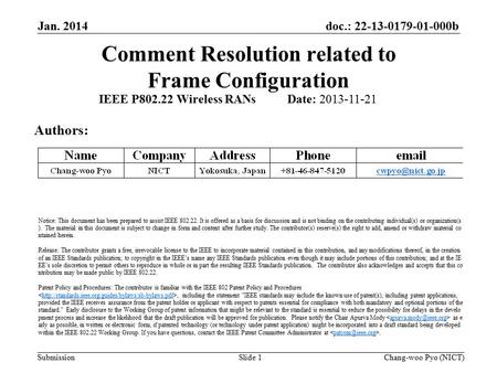 Doc.: 22-13-0179-01-000b Submission Comment Resolution related to Frame Configuration Jan. 2014 Chang-woo Pyo (NICT)Slide 1 IEEE P802.22 Wireless RANs.