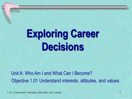 1.01 Understand interests, attitudes, and values.1 Exploring Career Decisions Unit A: Who Am I and What Can I Become? Objective 1.01 Understand interests,