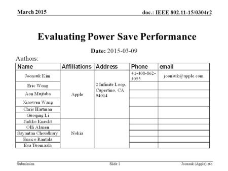 Submission doc.: IEEE 802.11-15/0304r2 March 2015 Joonsuk (Apple) etc.Slide 1 Evaluating Power Save Performance Date: 2015-03-09 Authors: