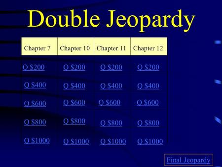 Double Jeopardy Chapter 7Chapter 10Chapter 11Chapter 12 Q $200 Q $400 Q $600 Q $800 Q $1000 Q $200 Q $400 Q $600 Q $800 Q $1000 Final Jeopardy.