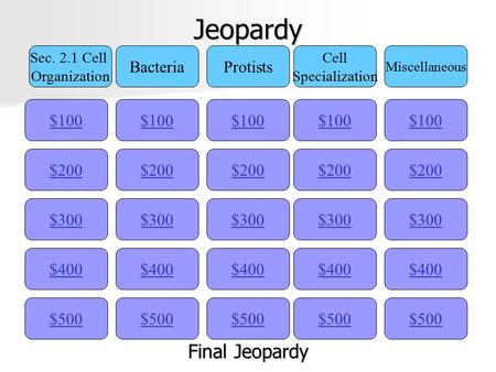 Jeopardy $100 Sec. 2.1 Cell Organization BacteriaProtists Cell Specialization Miscellaneous $200 $300 $400 $500 $400 $300 $200 $100 $500 $400 $300 $200.