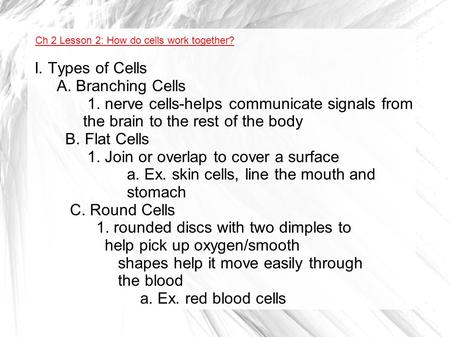 I. Types of Cells A. Branching Cells 1. nerve cells-helps communicate signals from the brain to the rest of the body B. Flat Cells 1. Join or overlap to.