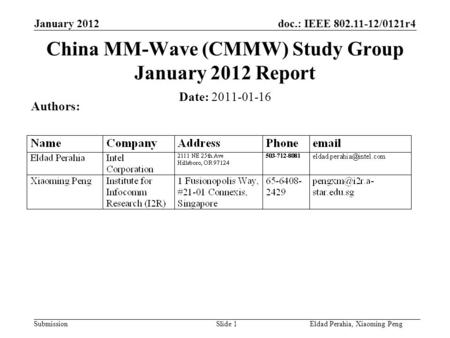 Doc.: IEEE 802.11-12/0121r4 Submission January 2012 Eldad Perahia, Xiaoming PengSlide 1 Date: 2011-01-16 Authors: China MM-Wave (CMMW) Study Group January.