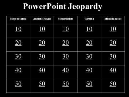 PowerPoint Jeopardy MesopotamiaAncient EgyptMonotheismWritingMiscellaneous 10 20 30 40 50.