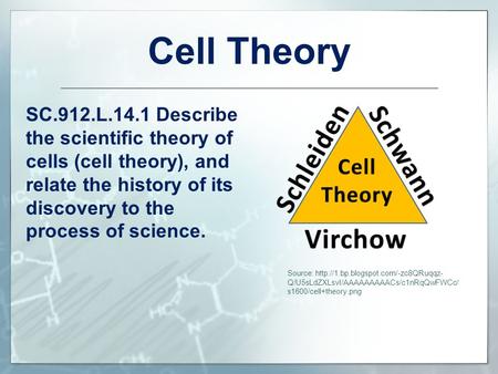 Cell Theory SC.912.L.14.1 Describe the scientific theory of cells (cell theory), and relate the history of its discovery to the process of science. To.