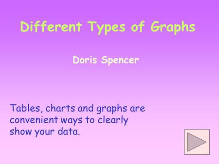 Different Types of Graphs Doris Spencer Tables, charts and graphs are convenient ways to clearly show your data.