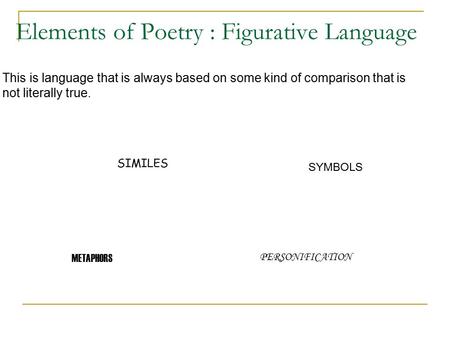 Elements of Poetry : Figurative Language This is language that is always based on some kind of comparison that is not literally true. SIMILES METAPHORS.