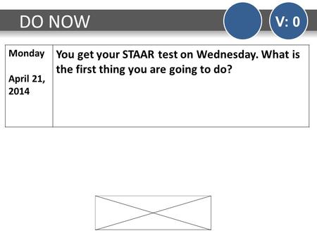 DO NOW V: 0 Monday April 21, 2014 You get your STAAR test on Wednesday. What is the first thing you are going to do?