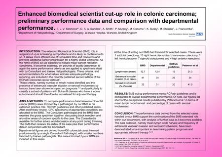 Enhanced biomedical scientist cut-up role in colonic carcinoma; preliminary performance data and comparison with departmental performance. E. J. V. Simmons*