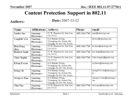 Doc.: IEEE 802.11-07/2778r1 Submission November 2007 Sandra Qin et al., SamsungSlide 1 Content Protection Support in 802.11 Date: 2007-11-12 Authors: