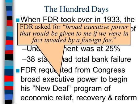 The Hundred Days ■When FDR took over in 1933, the U.S. economy was on the brink of collapse: –Unemployment was at 25% –38 states had total bank failure.