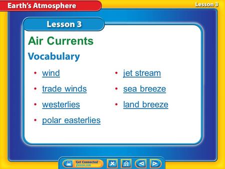 Lesson 3 Reading Guide - Vocab wind trade winds westerlies polar easterlies Air Currents jet stream sea breeze land breeze.