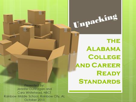The Alabama College and Career Ready Standards Unpacking Presented by: Jennifer Dunnagan and Cara Whitehead, NBCT Rainbow Middle School, Rainbow City,