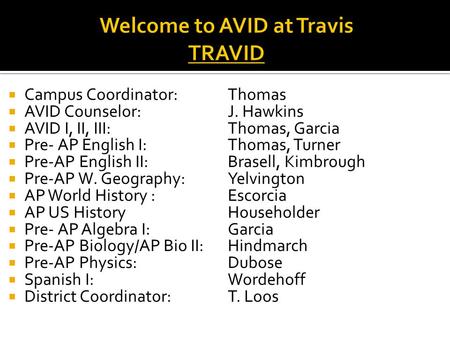  Campus Coordinator: Thomas  AVID Counselor: J. Hawkins  AVID I, II, III: Thomas, Garcia  Pre- AP English I: Thomas, Turner  Pre-AP English II: Brasell,