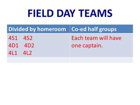 FIELD DAY TEAMS Divided by homeroomCo-ed half groups 4S1 4S2 4D1 4D2 4L1 4L2 Each team will have one captain.