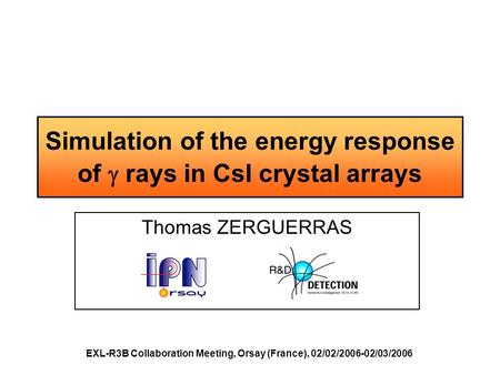 Simulation of the energy response of  rays in CsI crystal arrays Thomas ZERGUERRAS EXL-R3B Collaboration Meeting, Orsay (France), 02/02/2006-02/03/2006.
