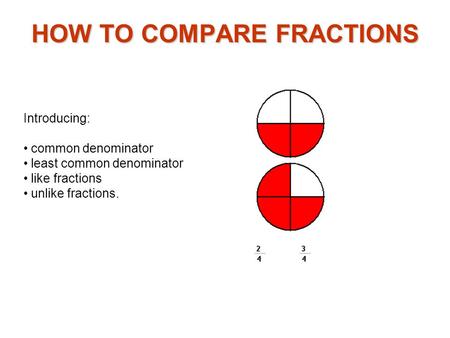 Introducing: common denominator least common denominator like fractions unlike fractions. HOW TO COMPARE FRACTIONS.
