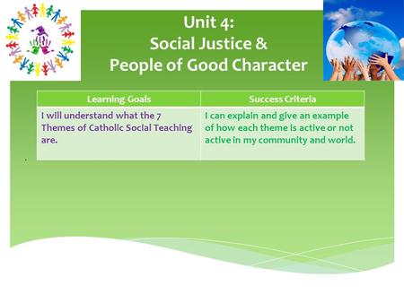 Unit 4: Social Justice & People of Good Character. Learning GoalsSuccess Criteria I will understand what the 7 Themes of Catholic Social Teaching are.