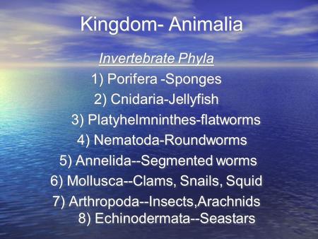 Kingdom- Animalia Invertebrate Phyla 1) Porifera -Sponges 2) Cnidaria-Jellyfish 3) Platyhelmninthes-flatworms 4) Nematoda-Roundworms 5) Annelida--Segmented.