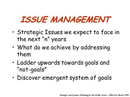 Strategic and Systems Thinking for the Public Sector - 29th-31st March 1999 ISSUE MANAGEMENT Strategic Issues we expect to face in the next “n” years What.
