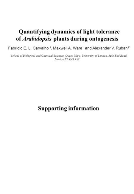 Quantifying dynamics of light tolerance of Arabidopsis plants during ontogenesis Fabricio E. L. Carvalho 1, Maxwell A. Ware 1 and Alexander V. Ruban 1*
