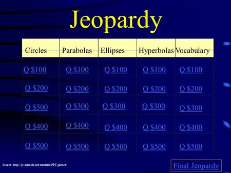 Jeopardy CirclesParabolasEllipsesHyperbolasVocabulary Q $100 Q $200 Q $300 Q $400 Q $500 Q $100 Q $200 Q $300 Q $400 Q $500 Final Jeopardy Source: