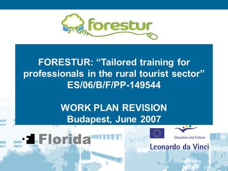 FORESTUR: “Tailored training for professionals in the rural tourist sector” ES/06/B/F/PP-149544 WORK PLAN REVISION Budapest, June 2007.