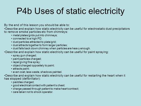 P4b Uses of static electricity By the end of this lesson you should be able to: Describe and explain how static electricity can be useful for electrostatic.