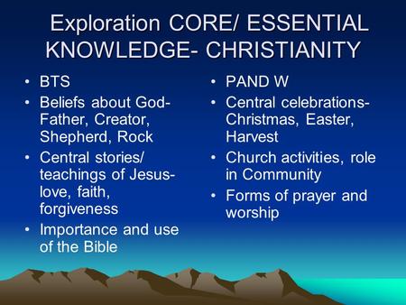 Exploration CORE/ ESSENTIAL KNOWLEDGE- CHRISTIANITY
