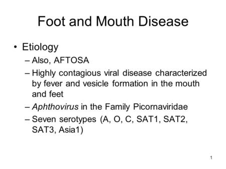 Foot and Mouth Disease Etiology Also, AFTOSA