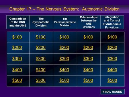 Chapter 17 – The Nervous System: Autonomic Division $100 $200 $300 $400 $500 $100$100$100 $200 $300 $400 $500 Comparison of the SNS and the ANS The Sympathetic.