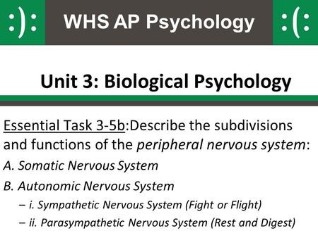 WHS AP Psychology Unit 3: Biological Psychology Essential Task 3-5b:Describe the subdivisions and functions of the peripheral nervous system: A. Somatic.