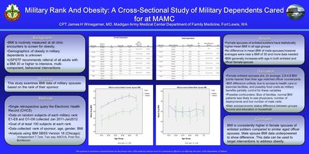 Military Rank And Obesity: A Cross-Sectional Study of Military Dependents Cared for at MAMC Objective This study examines BMI data of military spouses.