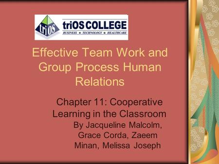 Effective Team Work and Group Process Human Relations Chapter 11: Cooperative Learning in the Classroom By Jacqueline Malcolm, Grace Corda, Zaeem Minan,