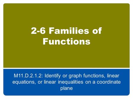 2-6 Families of Functions M11.D.2.1.2: Identify or graph functions, linear equations, or linear inequalities on a coordinate plane.