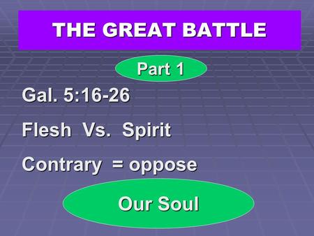 THE GREAT BATTLE Gal. 5:16-26 Flesh Vs. Spirit Contrary = oppose