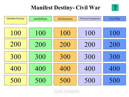 Manifest Destiny- Civil War 100 200 300 400 500 100 200 300 400 500 100 200 300 400 500 100 200 300 400 500 100 200 300 400 500 Manifest Destiny AntebellumAbolitionists.