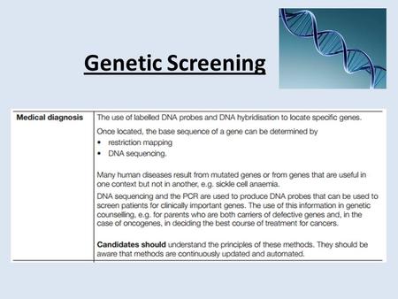Genetic Screening. Objectives Be able to describe the processes involved in genetic screening through DNA hybridisation. Be able to describe the role.