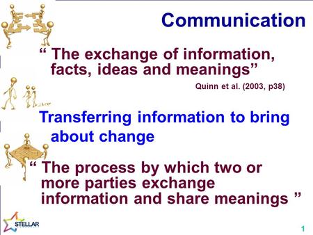 Communication “ The exchange of information, facts, ideas and meanings” Quinn et al. (2003, p38) Transferring information to bring about change “ The process.