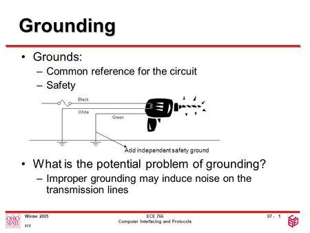 07 - Winter 2005 ECE ECE 766 Computer Interfacing and Protocols 1 Grounding Grounds: –Common reference for the circuit –Safety What is the potential problem.