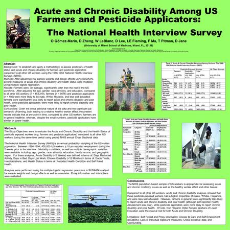Acute and Chronic Disability Among US Farmers and Pesticide Applicators: The National Health Interview Survey O Gómez-Marín, D Zheng, W LeBlanc, D Lee,