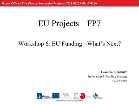 EU Projects – FP7 Workshop 6: EU Funding –What’s Next? Carolina Fernandes Innovation & Funding Manager GLE Group.