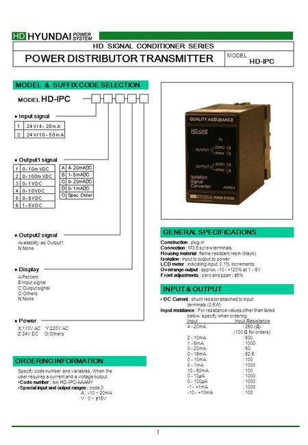 1 HD SIGNAL CONDITIONER SERIES POWER DISTRIBUTOR TRANSMITTER MODEL HD-IPC MODEL & SUFFIX CODE SELECTION HD-IPC MODEL ■ Input signal ■ Output1 signal ■