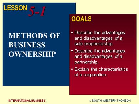 © SOUTH-WESTERN THOMSONINTERNATIONAL BUSINESS LESSON5-1 GOALS  Describe the advantages and disadvantages of a sole proprietorship.  Describe the advantages.
