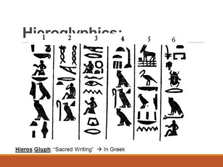 Hieroglyphics: Hieros Gluph: “Sacred Writing”  In Greek.