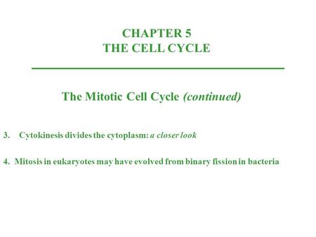 CHAPTER 5 THE CELL CYCLE The Mitotic Cell Cycle (continued) 3.Cytokinesis divides the cytoplasm: a closer look 4. Mitosis in eukaryotes may have evolved.