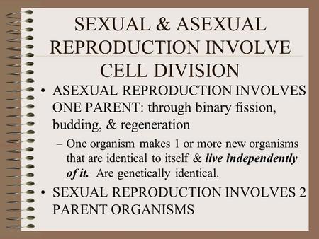 SEXUAL & ASEXUAL REPRODUCTION INVOLVE CELL DIVISION ASEXUAL REPRODUCTION INVOLVES ONE PARENT: through binary fission, budding, & regeneration –One organism.