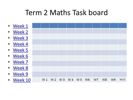 Term 2 Maths Task board Week 1 Week 2 Week 3 Week 4 Week 5 Week 6 Week 7 Week 8 Week 9 Week 10 W 1W 2W 3W 4W 5W6W7W8W9 W10.