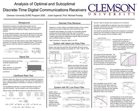 Analysis of Optimal and Suboptimal Discrete-Time Digital Communications Receivers Clemson University SURE Program 2005 Justin Ingersoll, Prof. Michael.