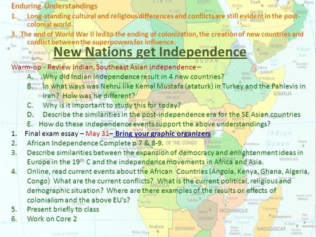 New Nations get Independence Enduring Understandings 1.Long-standing cultural and religious differences and conflicts are still evident in the post- colonial.
